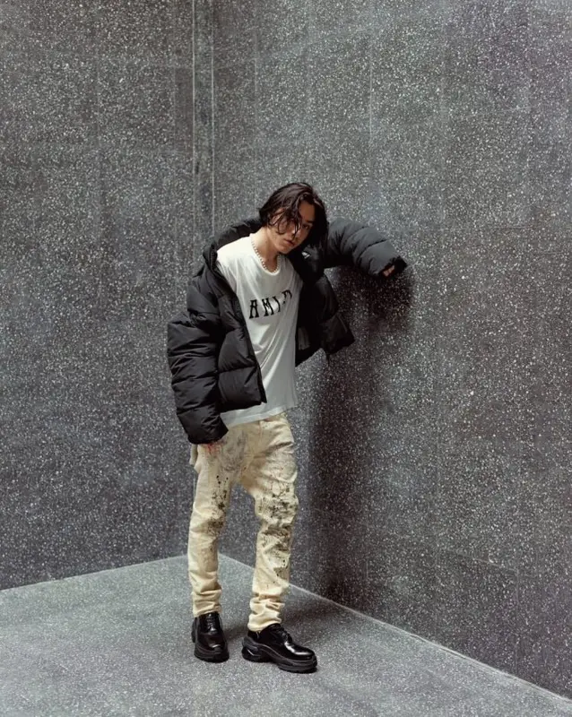Flesh outfit in Balenciaga, Amiri, and Purple Brand, 2020