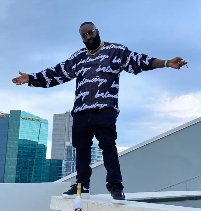 Rick Ross outfit in Balenciaga, Levi’s, and Cartier, 2020
