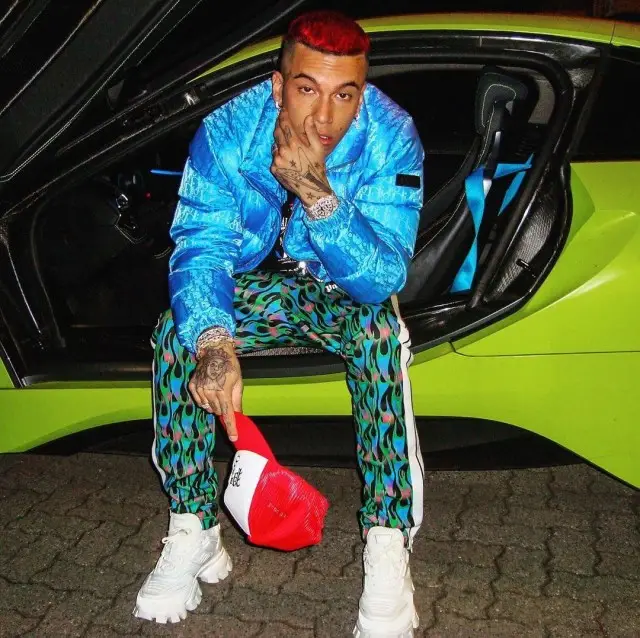 Sfera Ebbasta outfit in Dior, Balenciaga, and Palm Angels, 2020