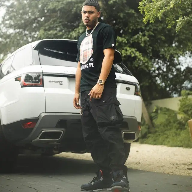 Myke Towers outfit in Bape, Burberry, and Jordan, 2020