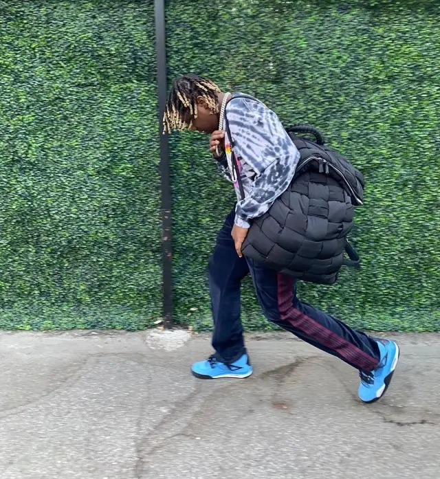 Don Toliver outfit in Travis Scott Merch, Needles, and Jordan, 2020