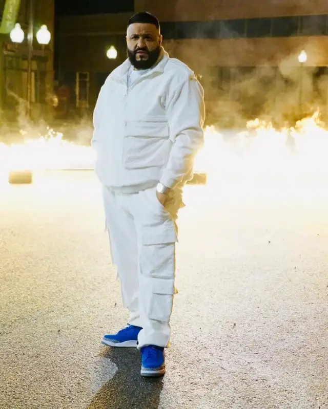 DJ Khaled outfit in Louis Vuitton, Jordan, and Virgil Abloh, 2020