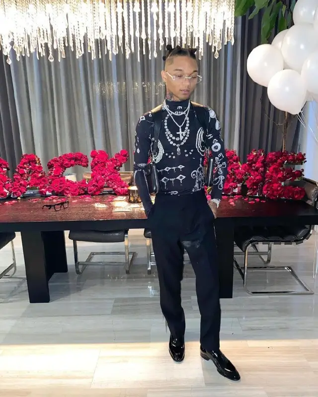 Swae Lee outfit in Haider Ackermann, Amiri, and Linder NYC, 2020