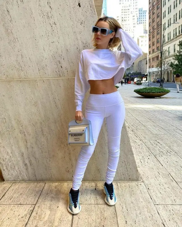 Sarah Snyder outfit in Alo Yoga, Adidas, and Burberry, 2020