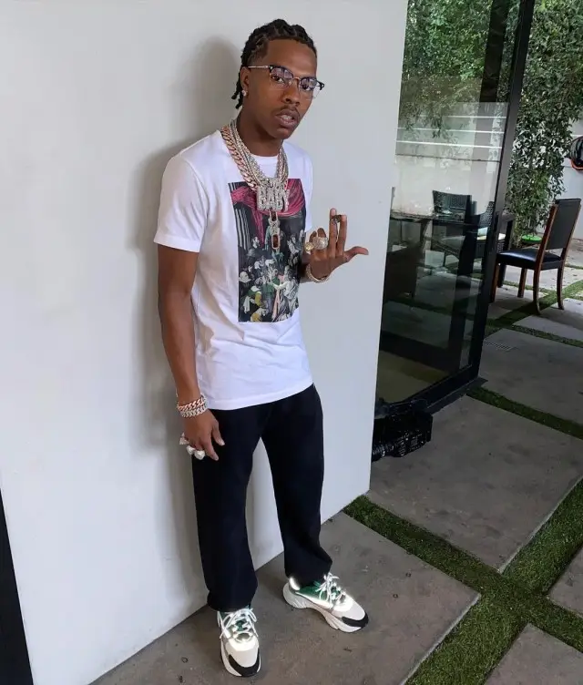 Lil Baby outfit in Off-White, Dior, and Chrome Hearts, 2020