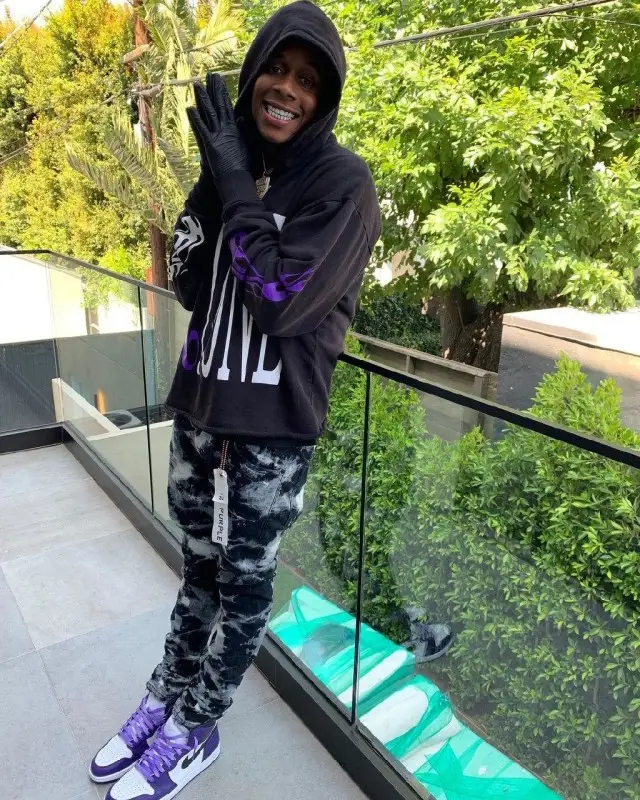 DJ Kid outfit in Vlone, Purple Brand, and Palm Angels, 2020