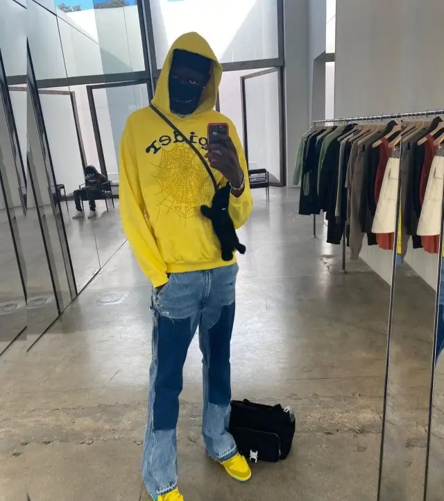 Bol Bol outfit in Spider Worldwide, Gallery Dept., and Rick Owens, 2020