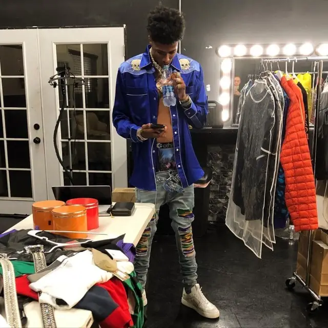 Blueface outfit in Kumi Kente, B.B. Simon, and Ethika, 2020