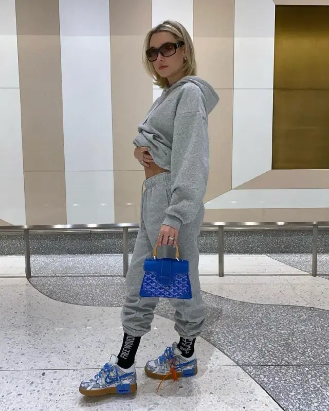 Sarah Snyder outfit in Alo Yoga, Goyard, and Off-White, 2020