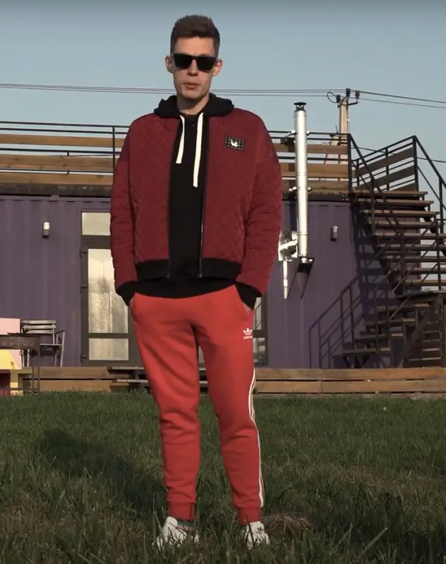 Юрий Дудь outfit in RITMIKA, Родина, and Adidas, 2020