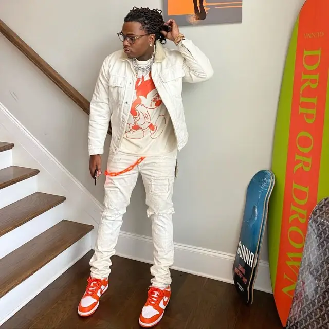 Gunna outfit in Purple Brand, Nike, and Louis Vuitton, 2020