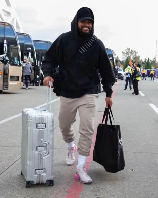 Jamal Adams outfit in Fear of God, Nike, and Rimowa, 2020