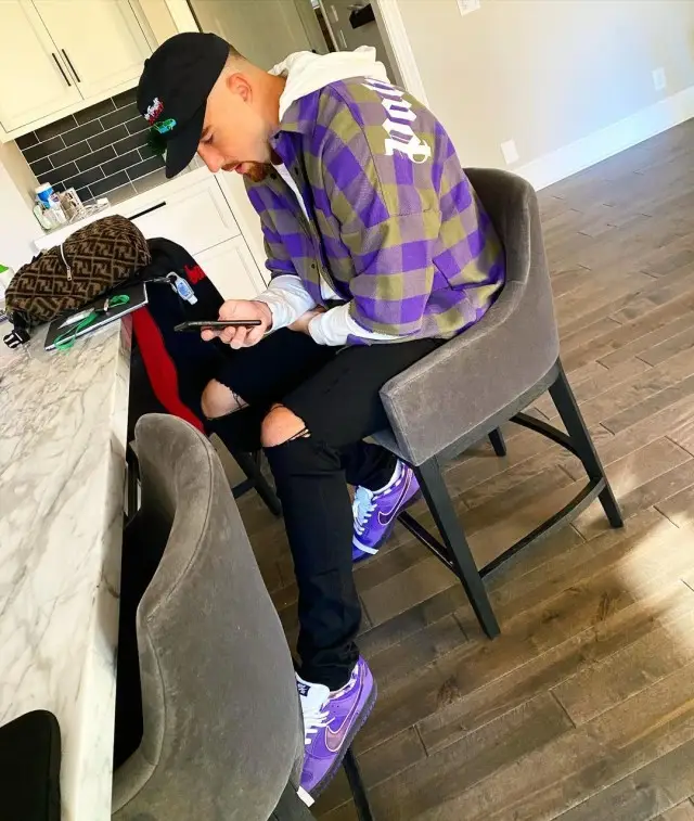 Travis Kelce outfit in Palm Angels, Amiri, and Millionaire Thoughts In A Bucket, 2020