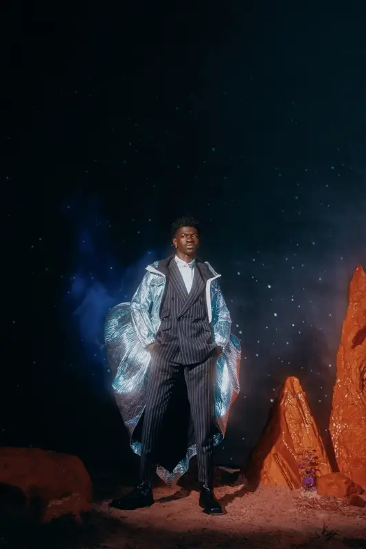 Lil Nas X outfit in Dolce & Gabbana, Issey Miyake, and Sunni Sunni, 2020