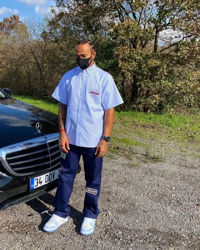 Lewis Hamilton outfit in Prada, Honor The Gift, and Off-White, 2020
