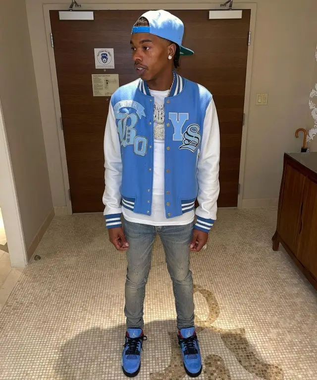 Lil Baby outfit in Amiri, Jordan, and Mitchell & Ness, 2020