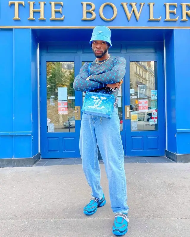 Jordan Tupak outfit in Marine Serre, Louis Vuitton, and Prada, 2020