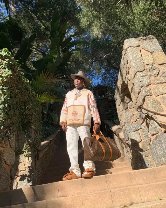 Don Toliver outfit in Bode, Louis Vuitton, and Visvim, 2020