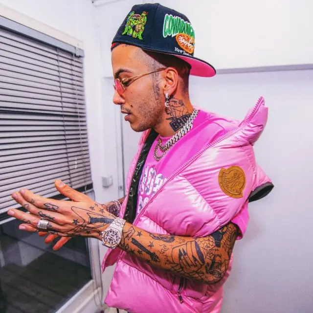 Sfera Ebbasta outfit in Moncler, Billionaire Boys Club, and New Era, 2020