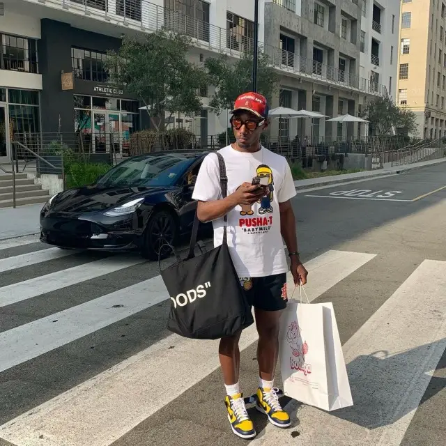 Jamont outfit in Pusha T Merch, Off-White, and Bape, 2020