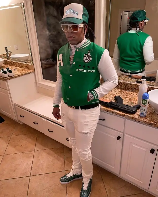 Lil Gotit outfit in Aticz Studios, Tom Ford, and Selfpaid, 2020