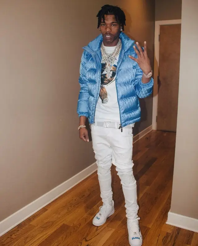 Lil Baby outfit in Dior, Vlone, and Pop Smoke Merch, 2020