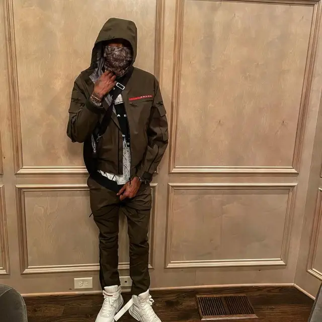 Meek Mill outfit in Prada and Vertabrae, 2020