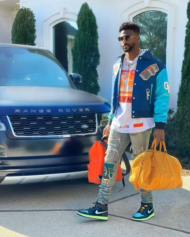 Emmanuel Sanders outfit in Off-White, Heron Preston, and Amiri, 2020
