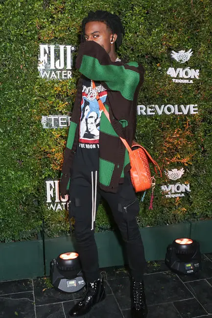 Playboi Carti outfit in Saint Laurent, Raf Simons, and Goyard, 2017