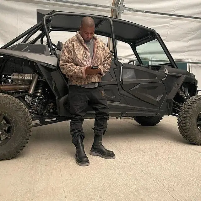 Kanye West outfit in Yeezy, Liberal Youth Ministry, and Bottega Veneta, 2020