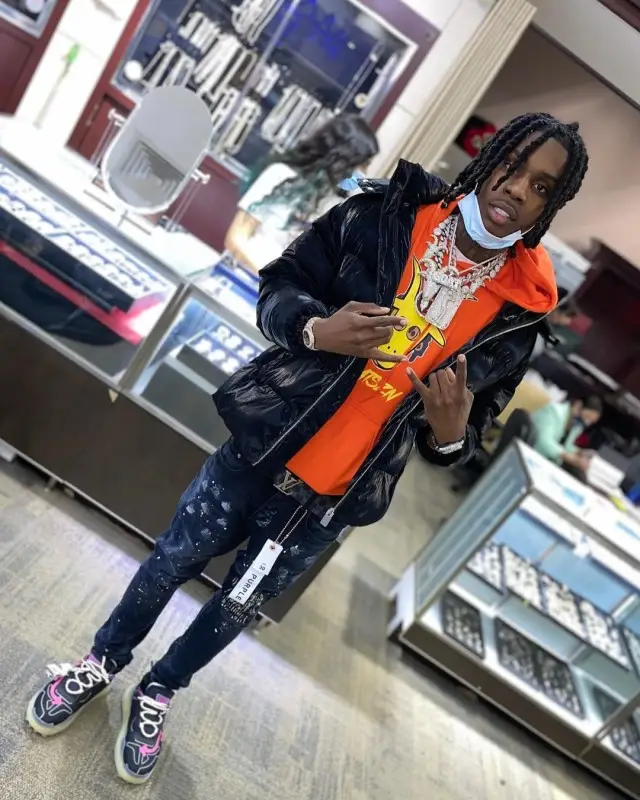 Polo G outfit in Polo G Merch, Purple Brand, and Louis Vuitton, 2020