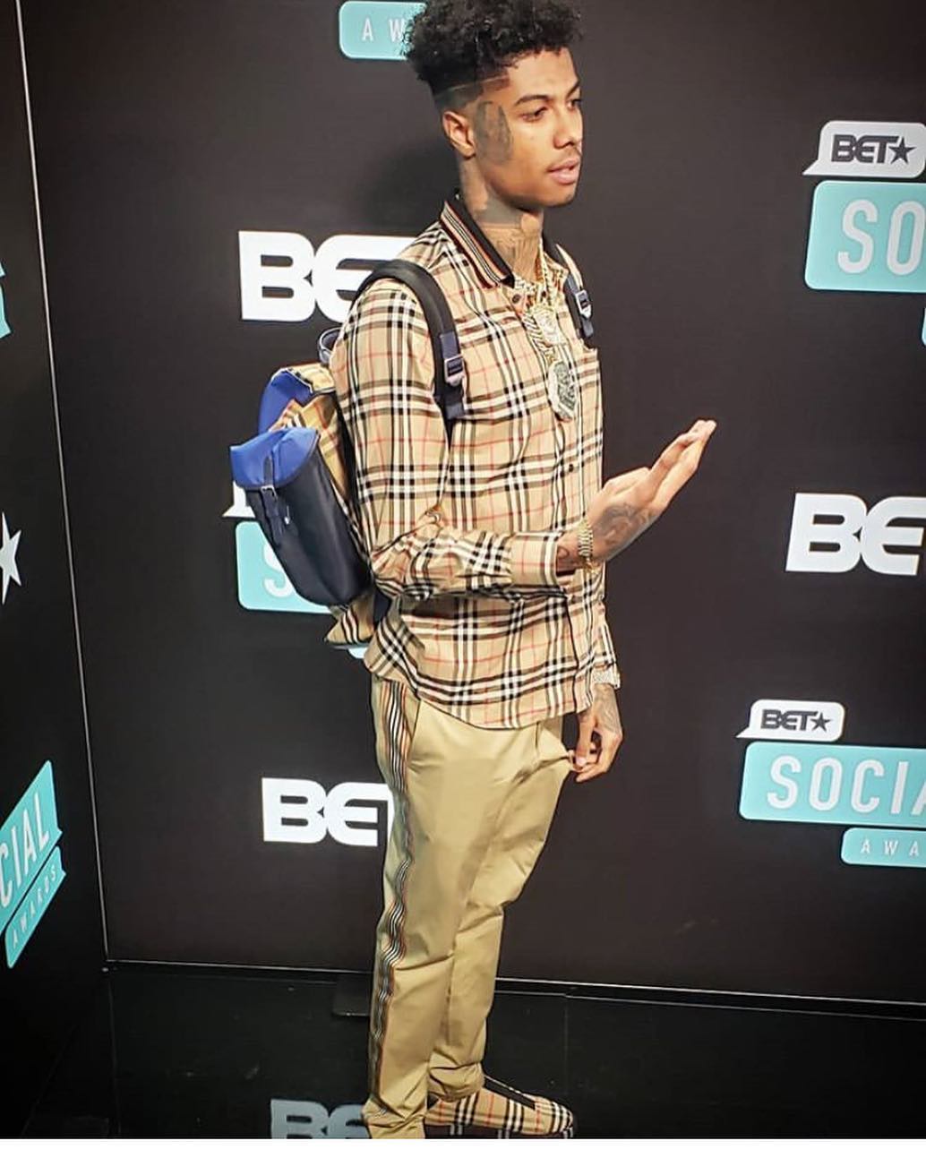 Blueface wearing Burberry Checked Shirt 